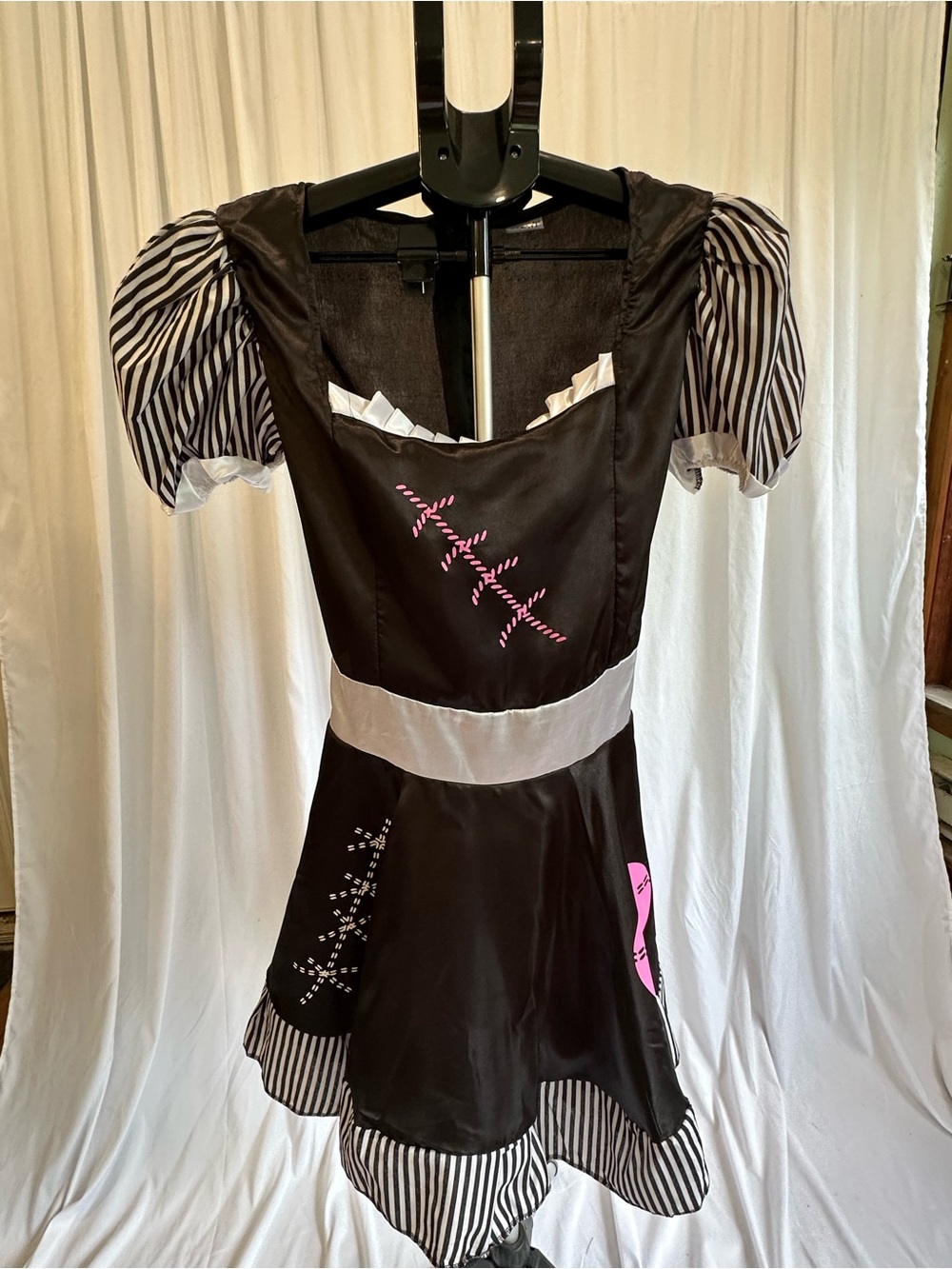 Spirit Halloween Broken Doll Costume Black and White Striped Dress/ pink accent